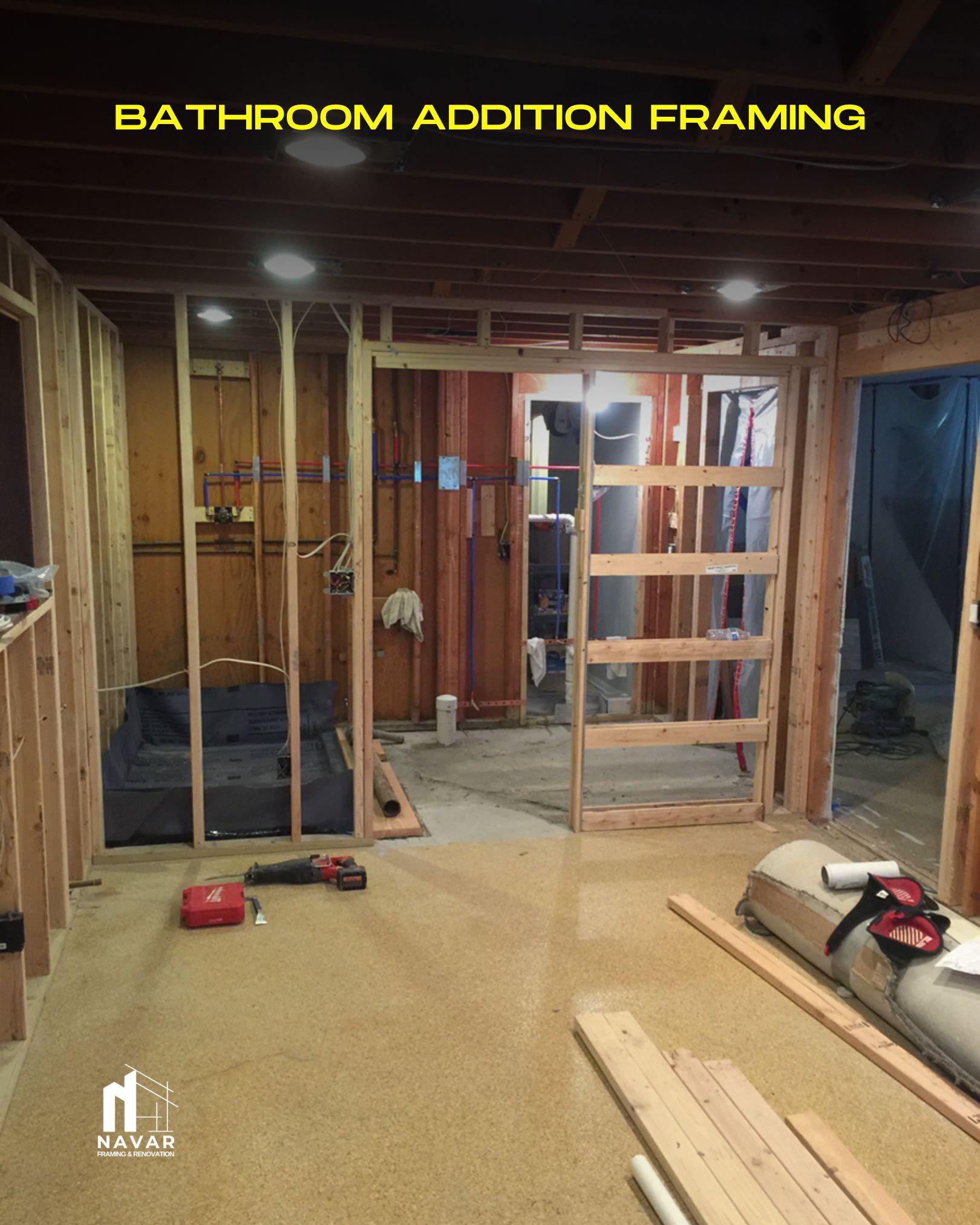 Wooden frame structure for a new bathroom addition under construction.